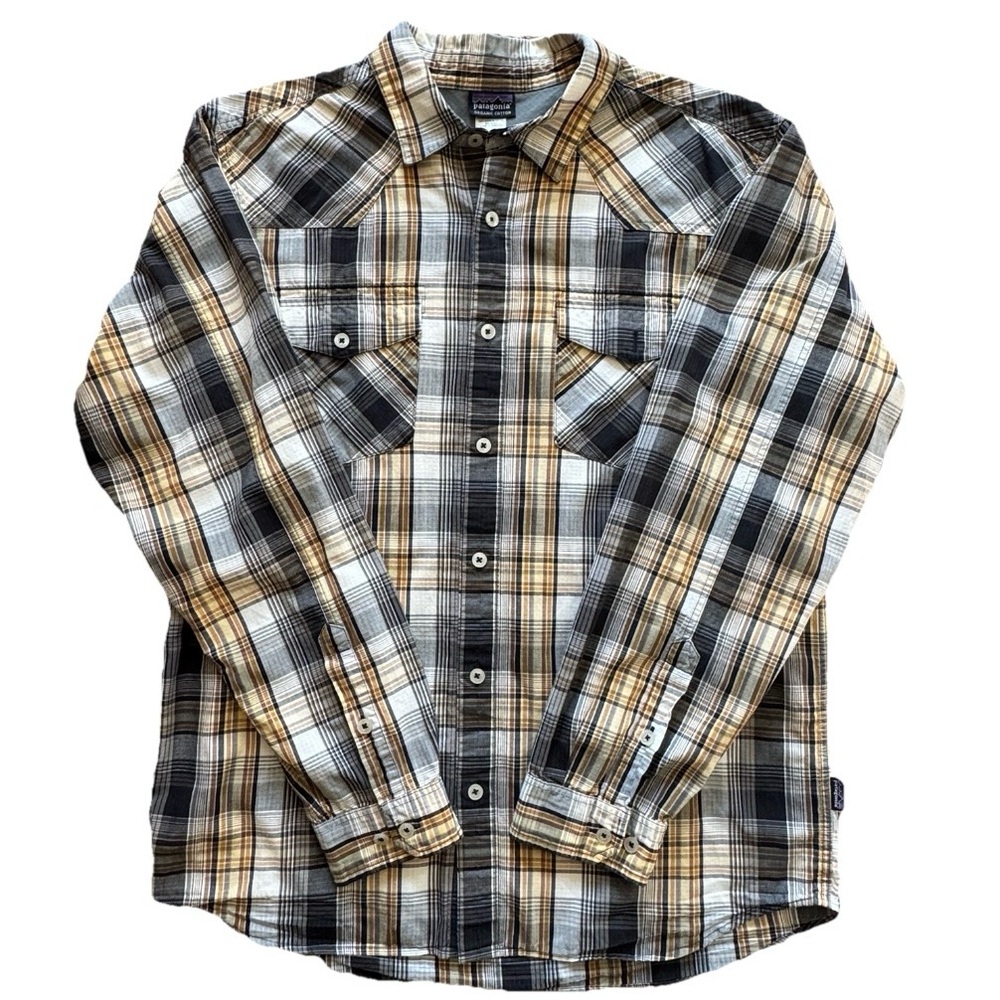 Patagonia Organic Cotton Plaid Button Front Western Shirt Black Tan Medium